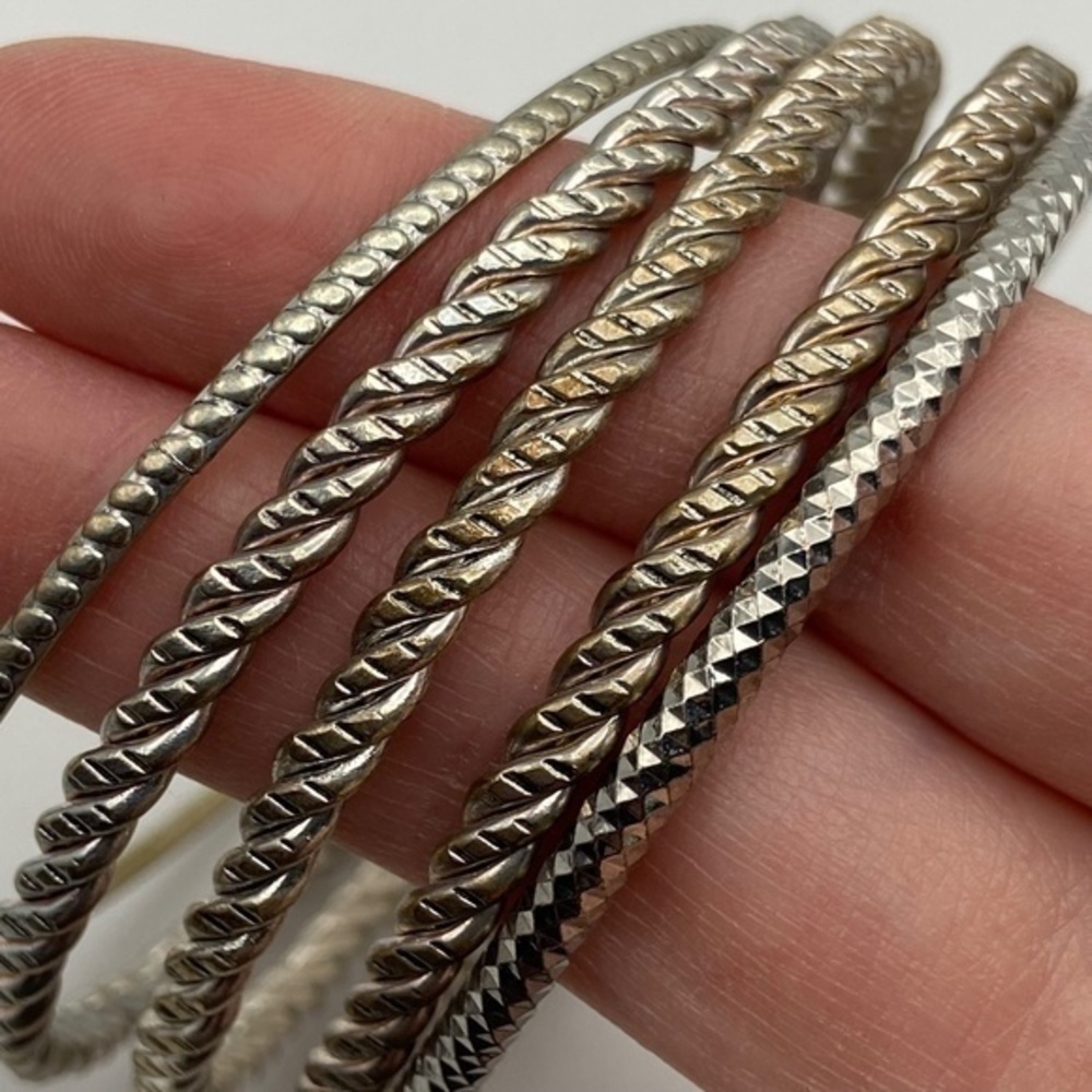 Bangle Bracelets Silver Tone Textured Boho 5 Piece Set - Picture 9 of 9